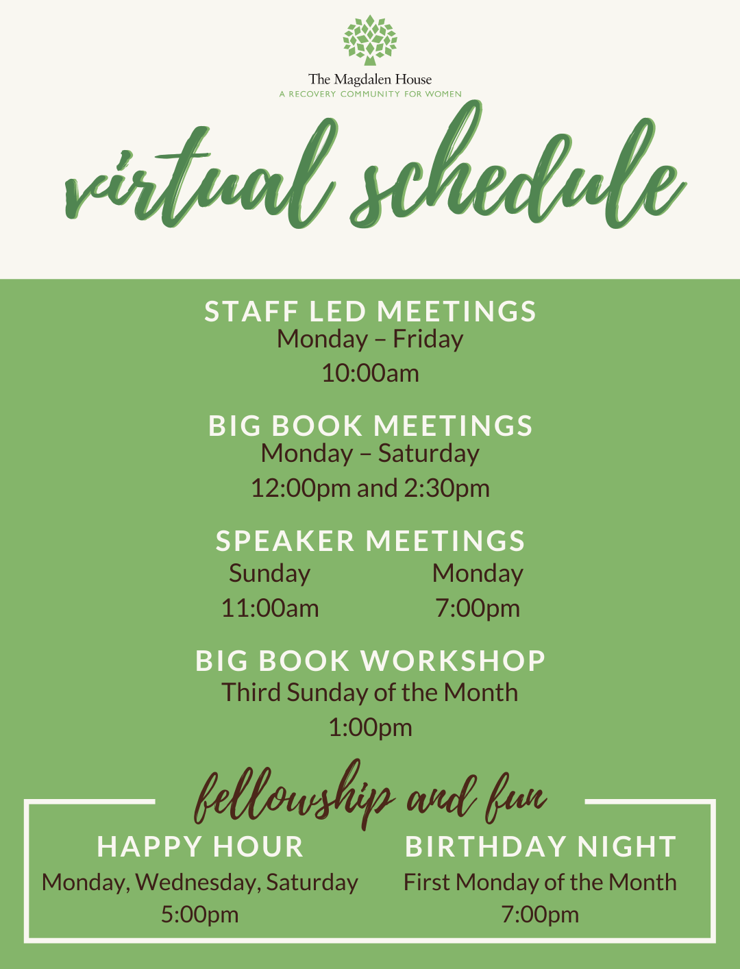 The Magdalen House Virtual Schedule – No Zoom