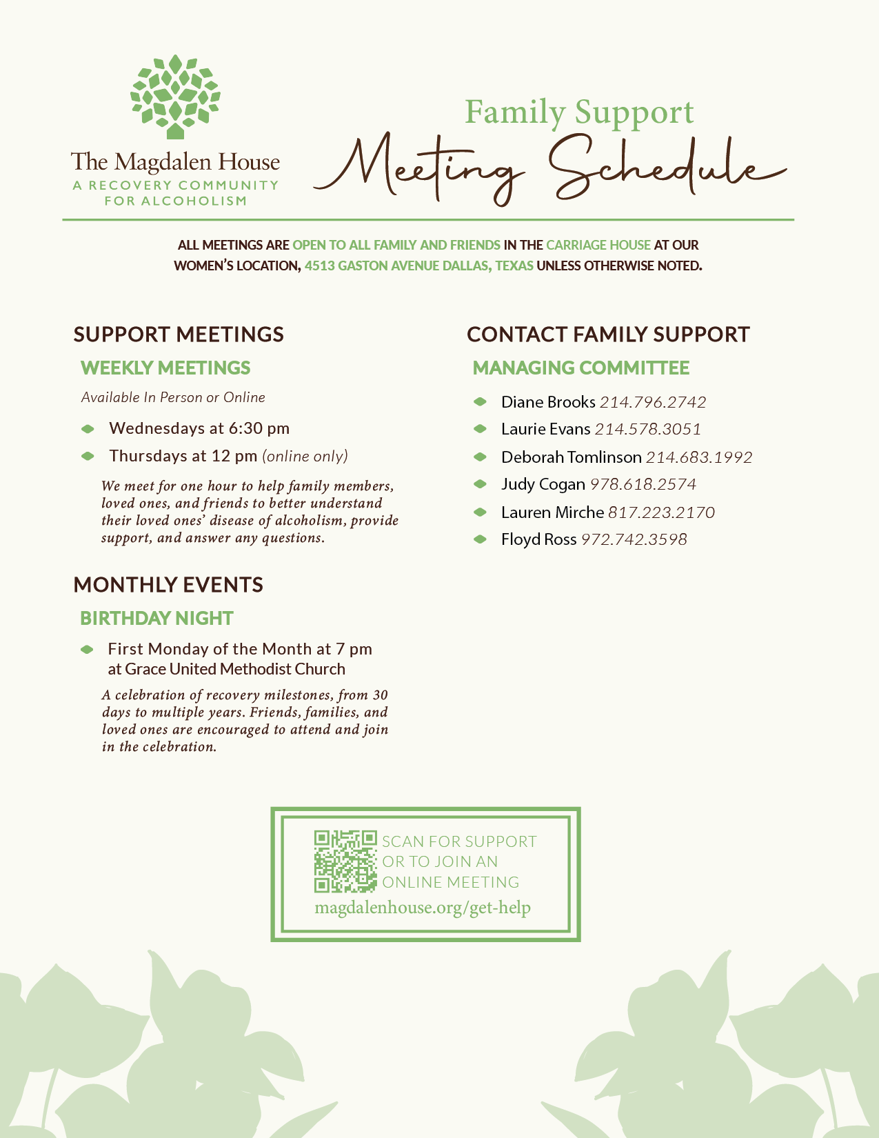 Family Support Meeting Schedule