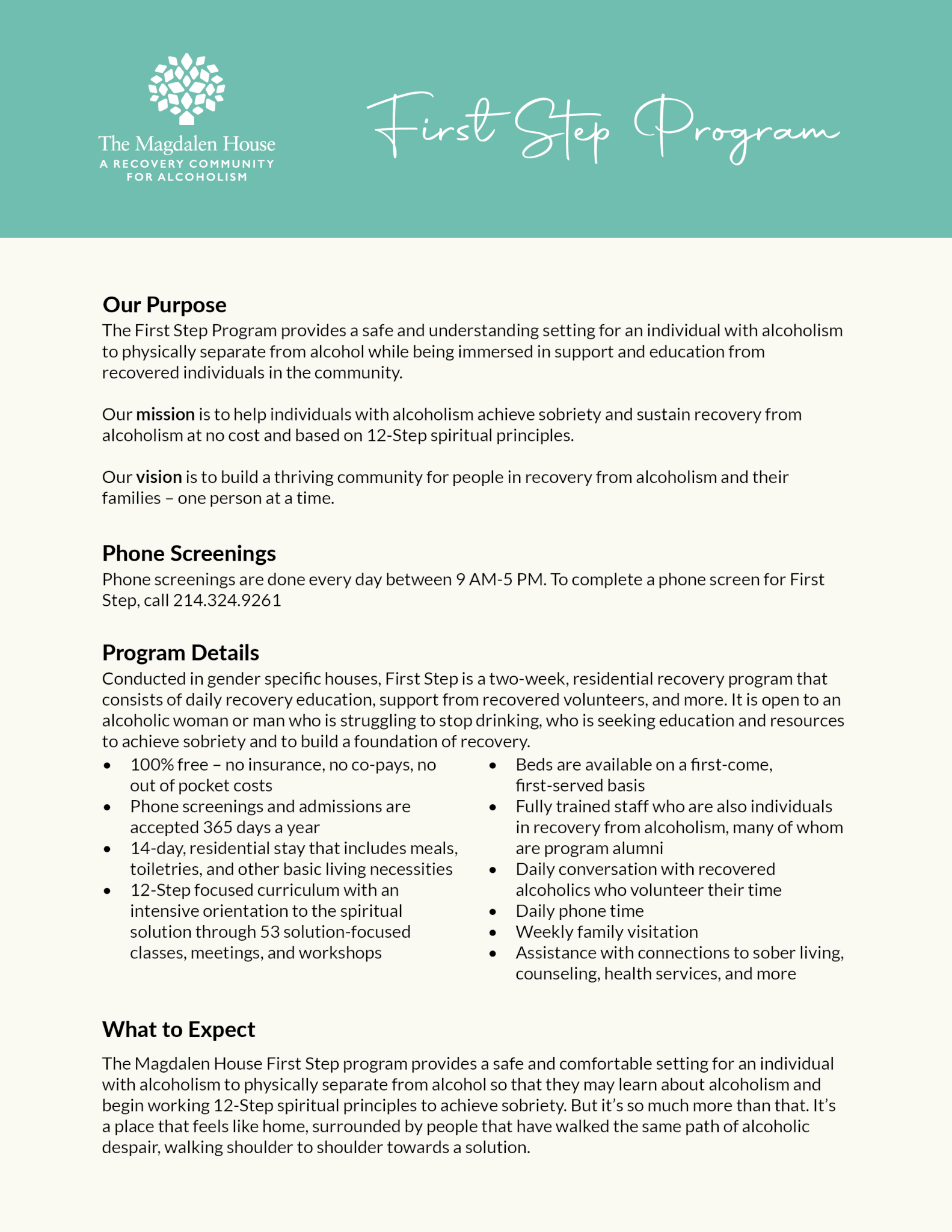 Flyer describing The Magdalen House First Step program.