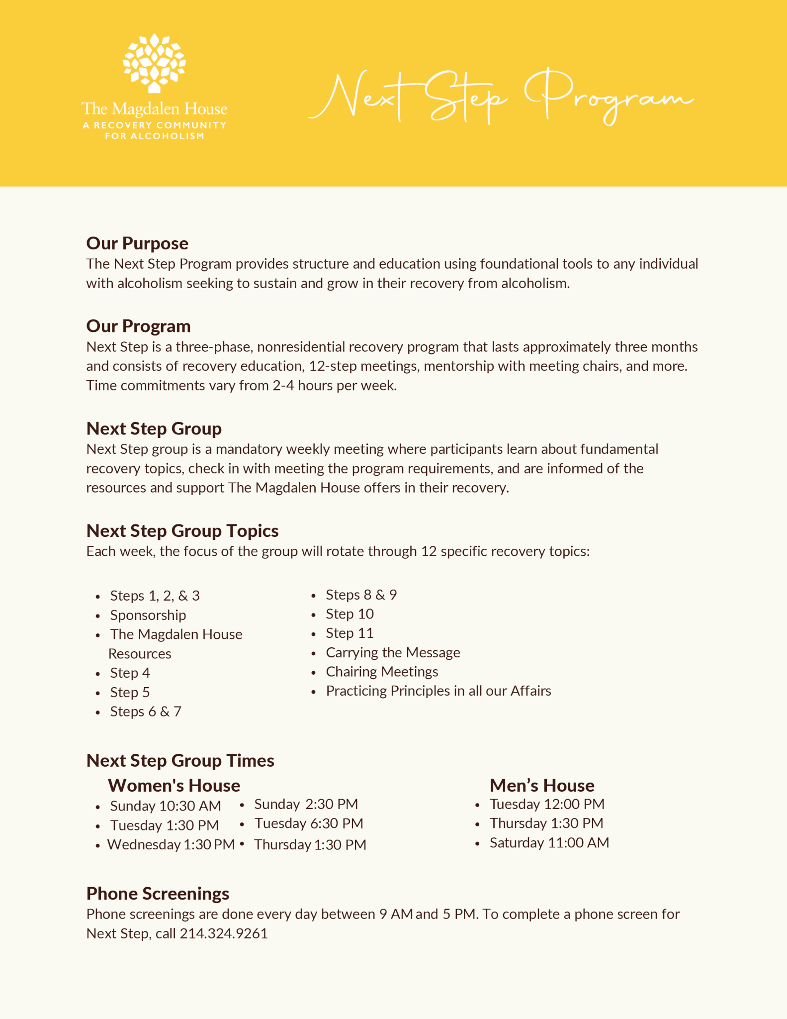 Flyer describing The Magdalen House Next Step program.