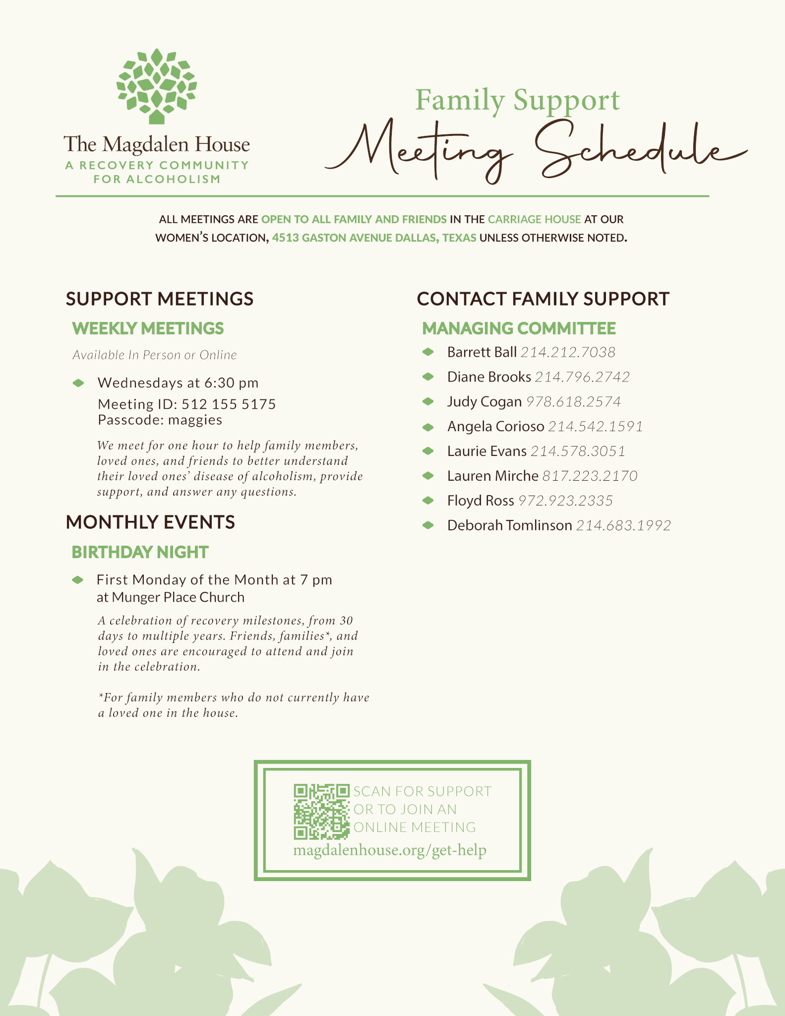 Family Support Meeting Schedule | The Magdalen House Family Support Meeting Schedule